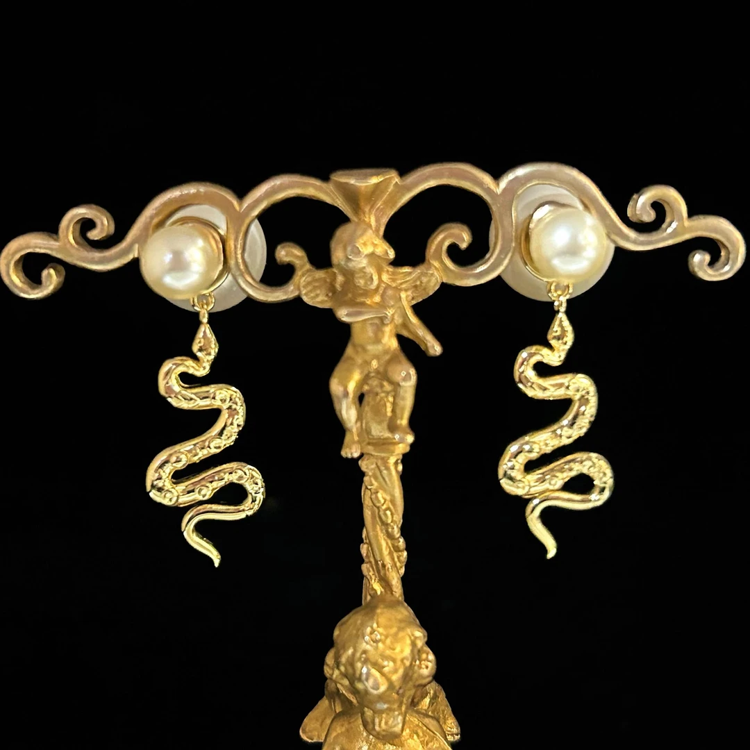 铜合金仿珍珠耳饰  4298西洋中古风 vintage前后戴珠珠小蛇耳环