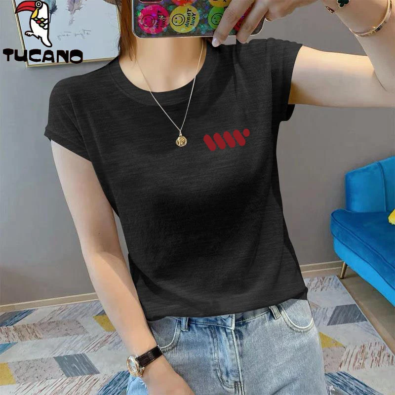 啄木鸟大码短袖小众t恤女新款印花简约宽松显瘦圆领上衣服夏季T恤