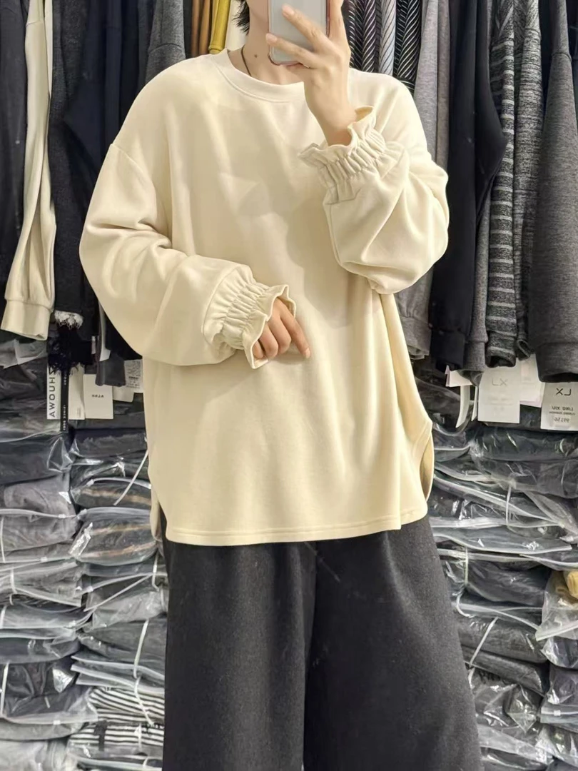 2025秋冬新款磨毛长袖T恤女新款韩版设计感花苞袖口加厚打底衫