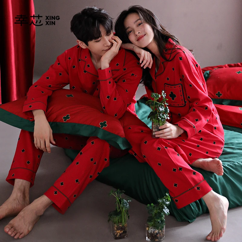 幸芯新婚睡衣情侣套装春秋季男款纯棉长袖开衫翻领红色家居服
