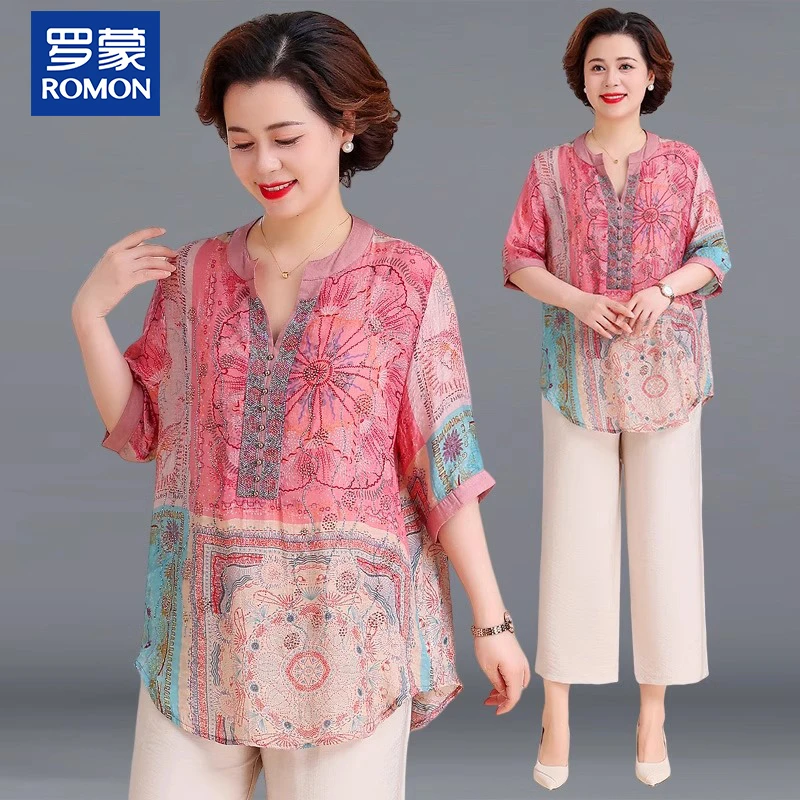 罗蒙妈妈夏装时尚套装花色短袖小衫上衣中老年女装夏季大码两件套