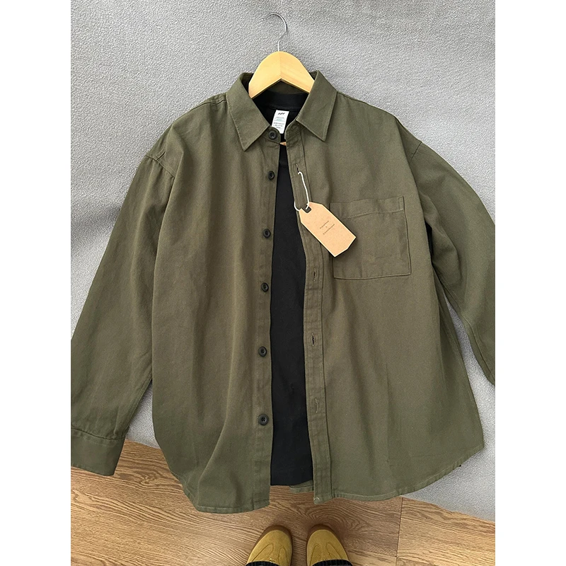 日系复古军绿色工装衬衫男款春秋季潮牌休闲宽松纯棉长袖衬衣外套