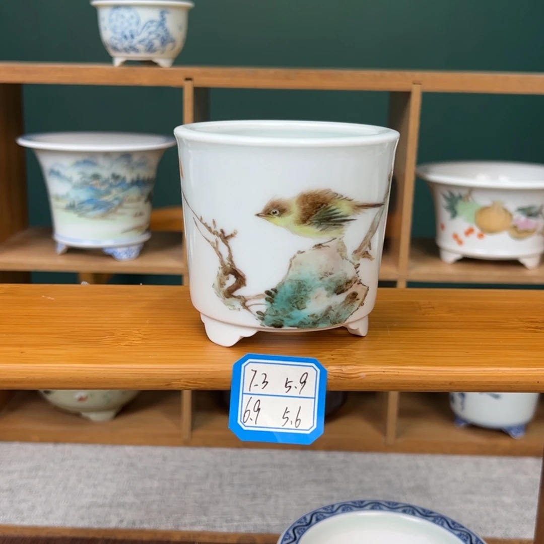 福利手工手绘粉彩花鸟小号盆