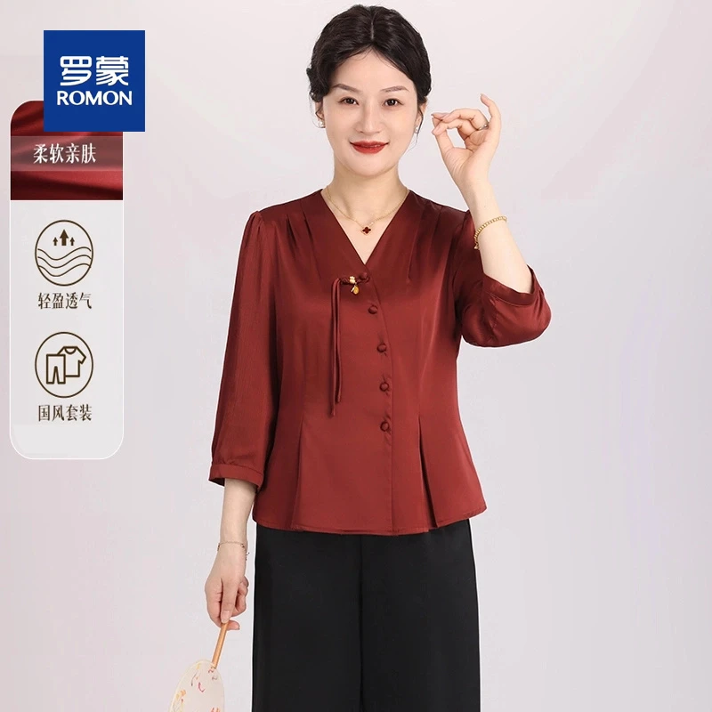 罗蒙新中式妈妈夏装套装国风小衫两件套中老年女装春夏衬衫上衣女