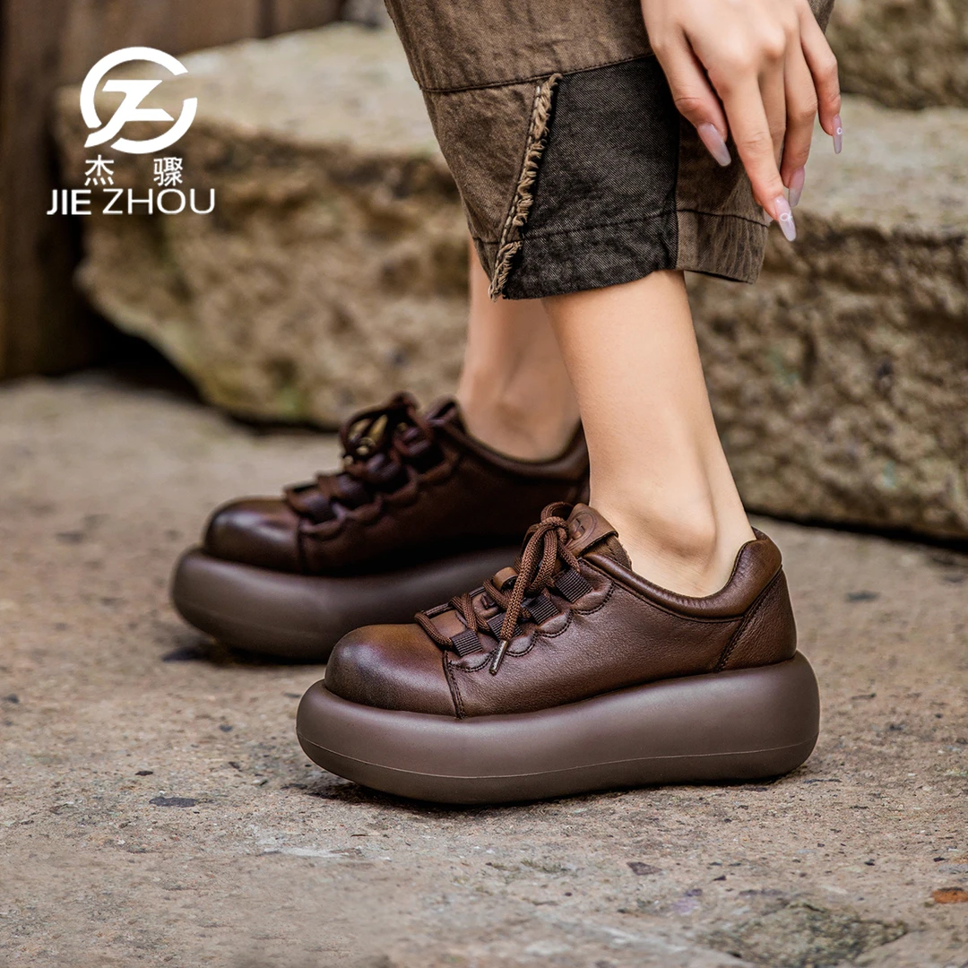 杰骤春秋款小个子松糕厚底女鞋原创手工真皮单鞋头层牛皮大头皮鞋