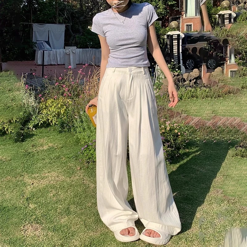 白色褶皱纹理感阔腿牛仔2025春夏新款高腰宽松百搭垂感拖地裤2085