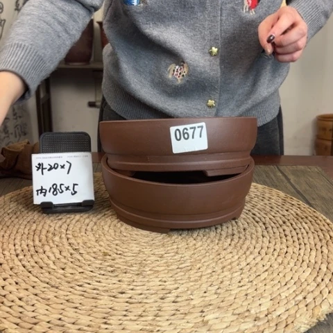 紫砂花盆微瑕扁圆2只0677