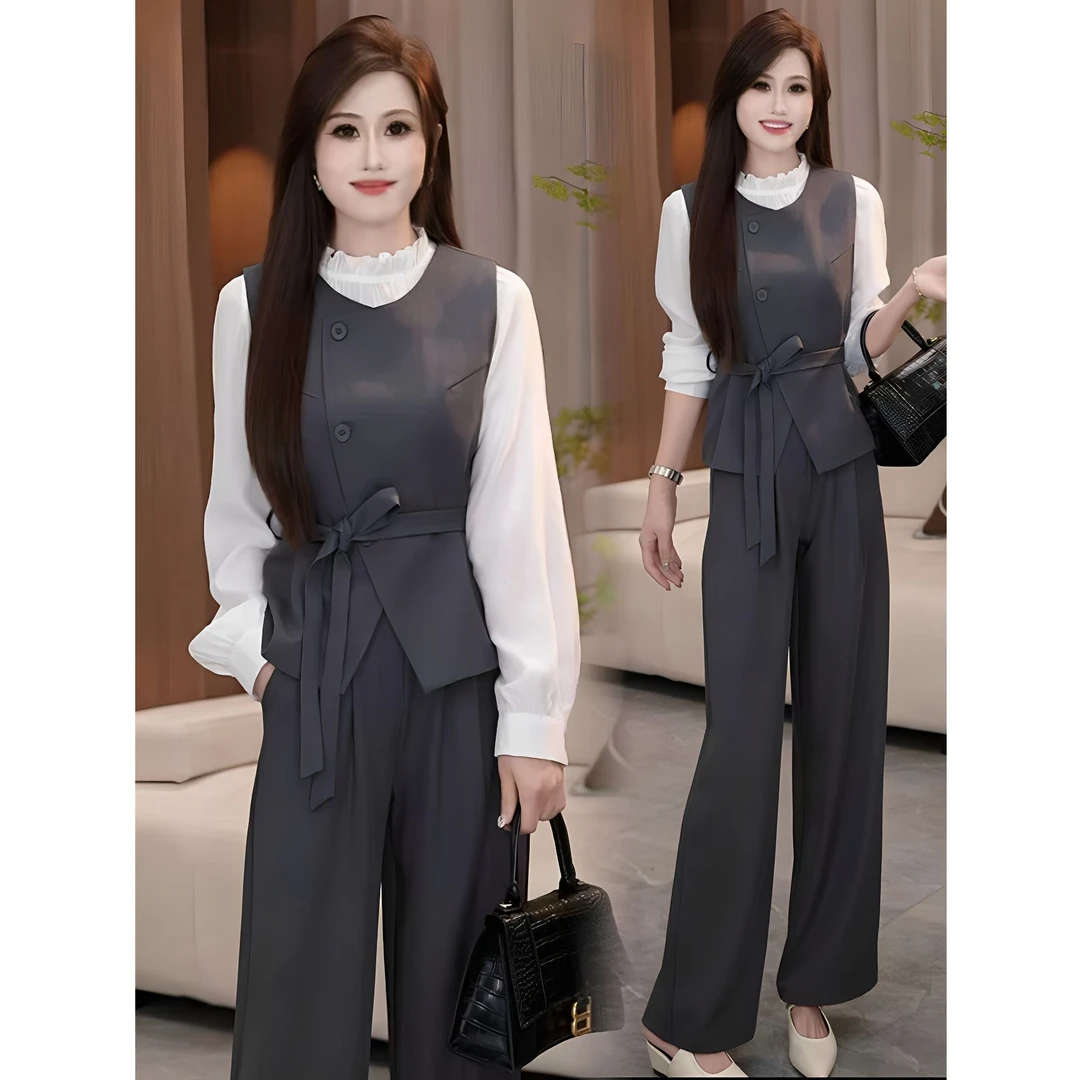 时尚套装女2025春秋新款显瘦减龄圆领马甲打底衫阔腿裤气质三件套