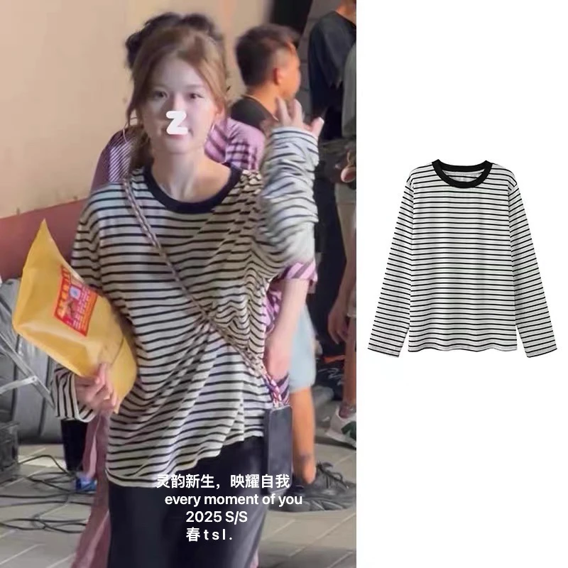 百搭夏季韩版休闲长袖时尚宽松型中长款条纹圆领T恤休闲风