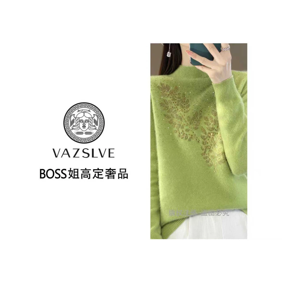 VAZSLVE/原创设计 1立领烫钻中国风厚款英伦风纯色毛针织衫女8382