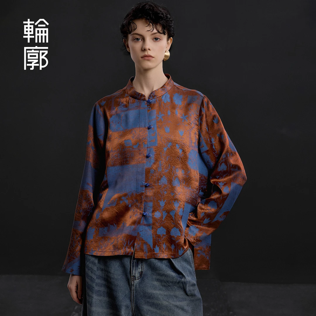 轮廓景泰蓝衬衫新中式撞色国潮休闲宽松显瘦洋气衣服早秋L253Y025