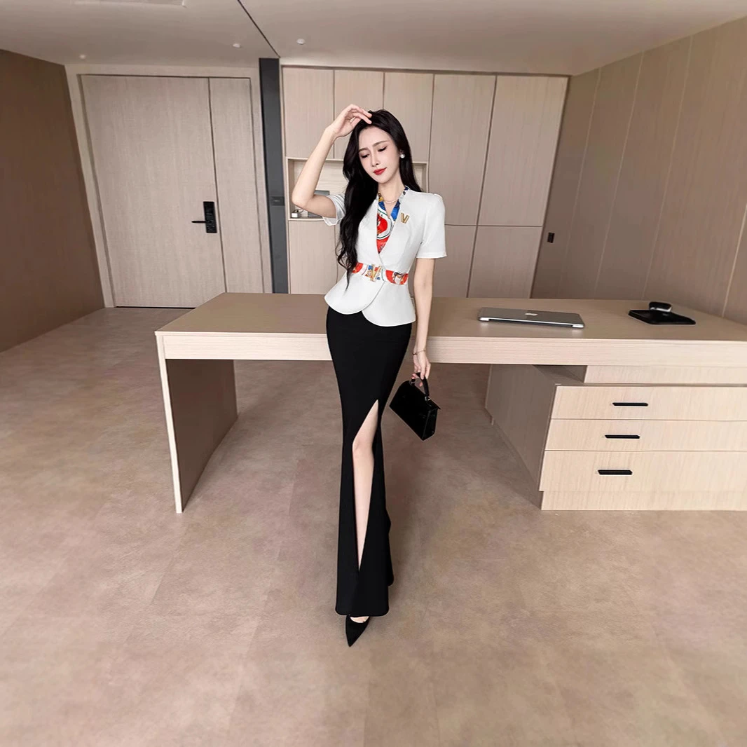 2676白色短袖西装套装女时尚气质职业女神范主持人正装美容