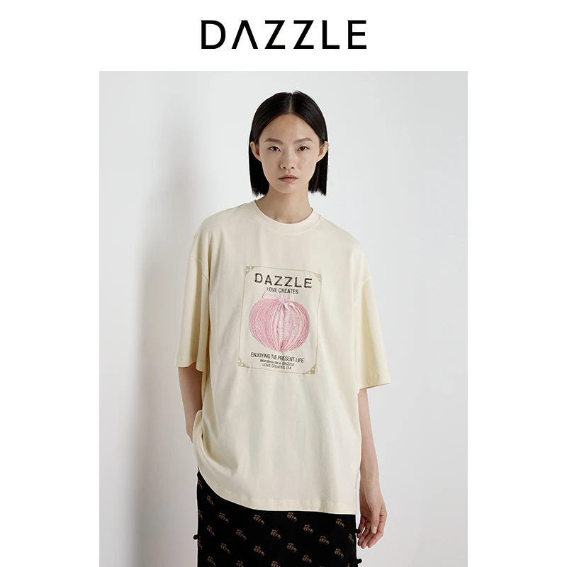DAZZLE 地素短袖T恤2025年夏季新款浅色刺绣蔬菜图案T恤2J2B403