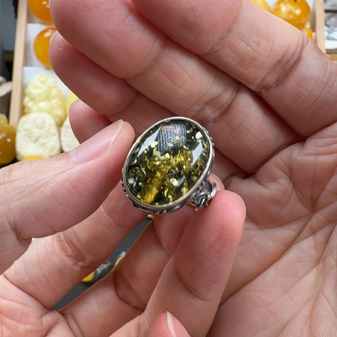 琥珀银S925镶嵌戒指琥珀