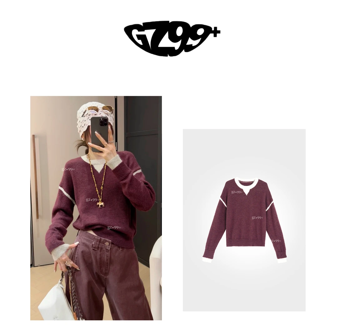 九儿【休闲时光】秋季新款 时尚百搭拼色套头圆领针织衫-T5529