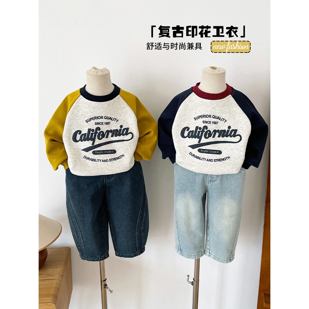 2025冬季新款童装儿童韩版撞色插肩袖卫衣男女童字母套头衫