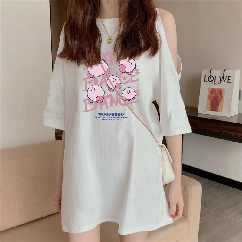 纯棉露肩短袖t恤女中长款2025年夏季新款宽松体恤设计感小众上衣