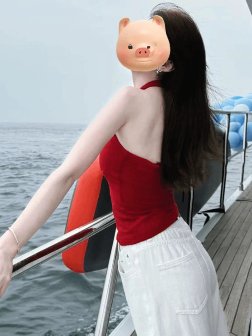 纯棉性感时髦挂脖吊带背心短款露背纯欲U领百搭修身显瘦上衣红色