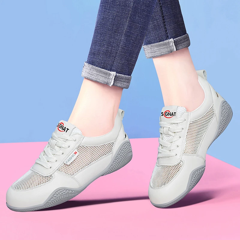 真皮小白鞋女2025春夏网面透气女鞋软底鞋休闲运动鞋旅游鞋妈妈鞋