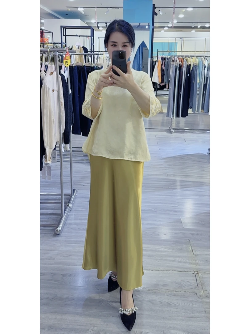 【福䘵】人丝提花上衣 辰月欧货袖口拼桑蚕丝刺绣夏季小衫35099