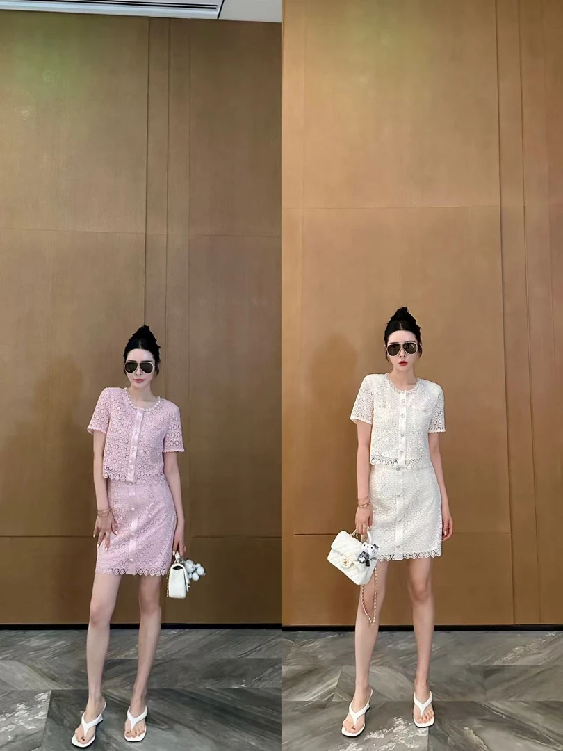 DL乐乐家【月光漫诗游】夏季法式时尚蕾丝拼接镂空定制套装