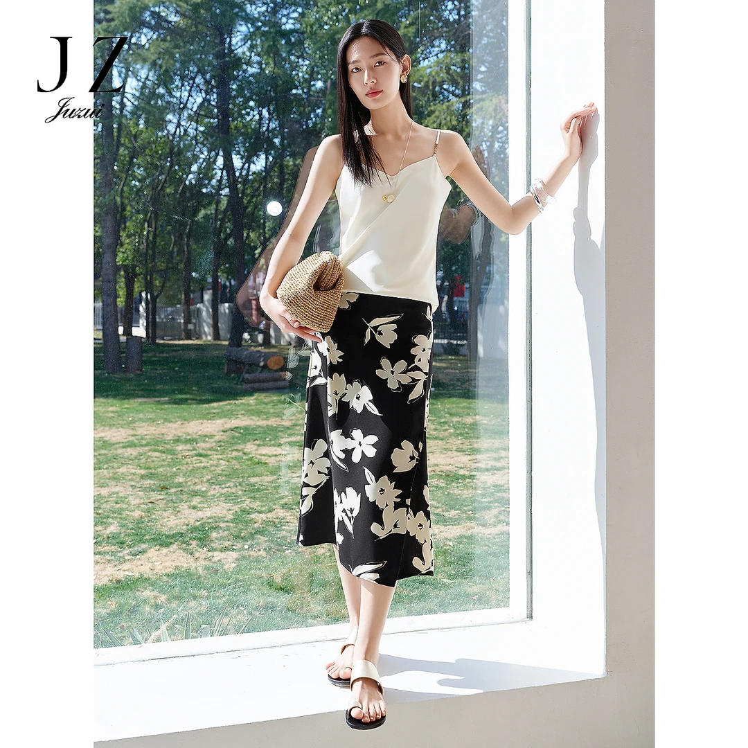 玖姿安娜蔻优雅复古印花半身开叉长裙女2025夏季新款KWFX20029