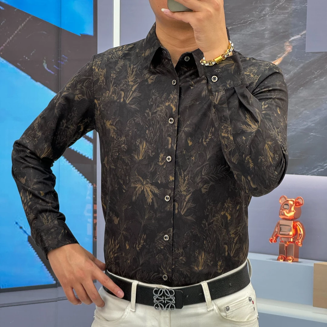 2024年新款秋季高品质弹力免熨烫无痕时尚字母印花款长袖衬衫9333