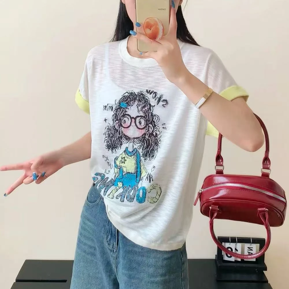 白色~黄边酷酷小女孩薄款套头减龄显瘦针织衫上衣