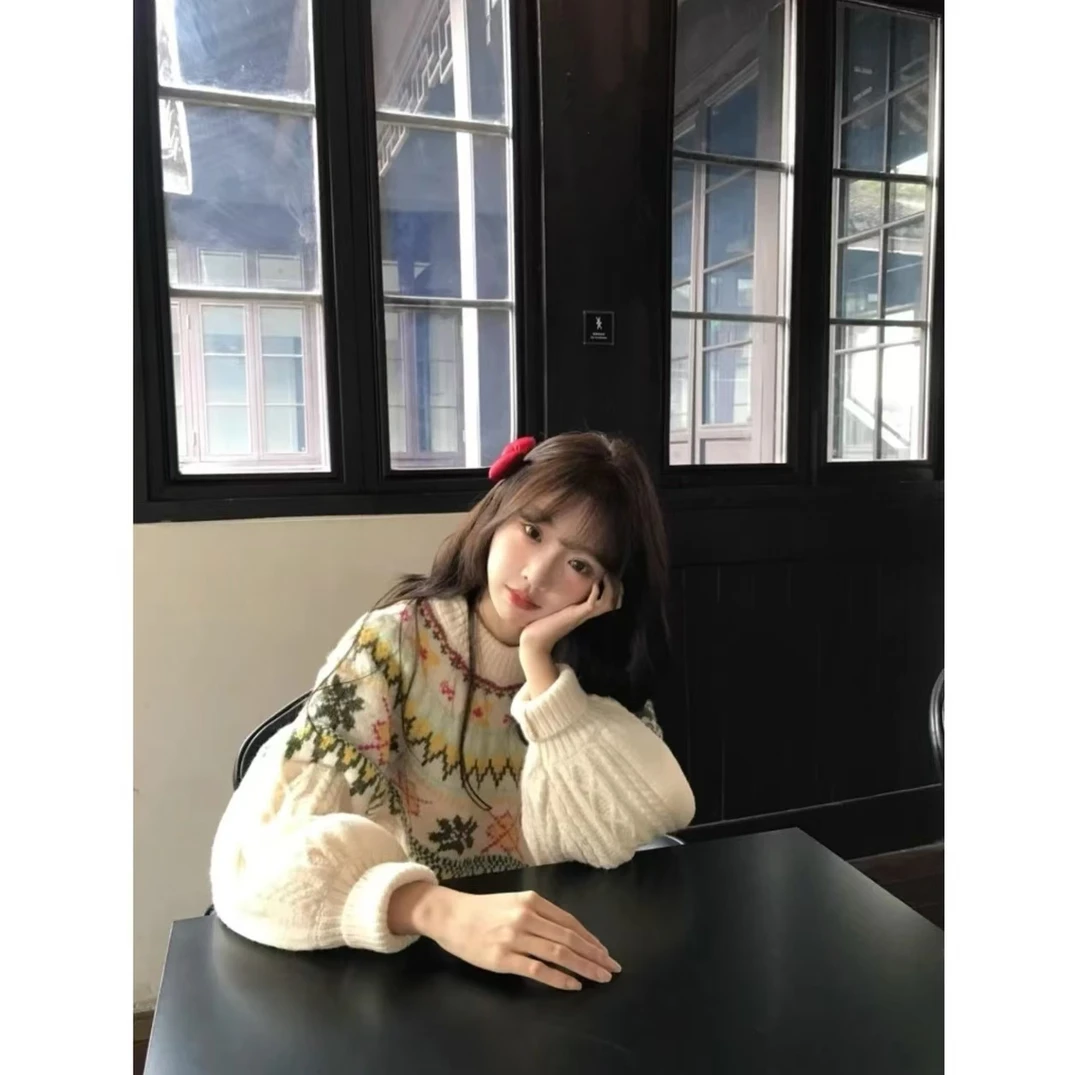 费尔岛毛衣秋冬女慵懒高级感民族风重工提花圆领毛衣MZ024