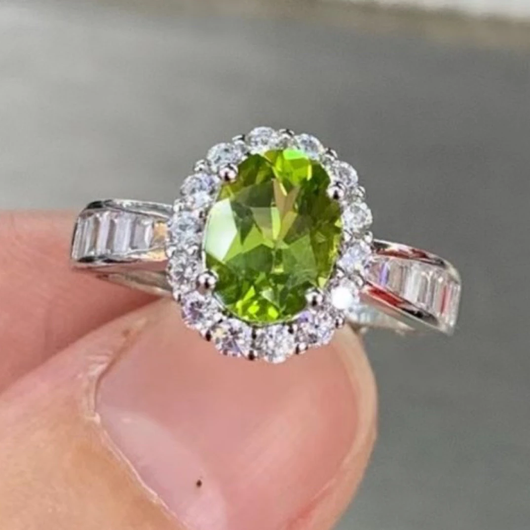 天然橄榄石戒指通体s925银6*8mm戴妃款轻奢简约百搭时尚开口戒Y2