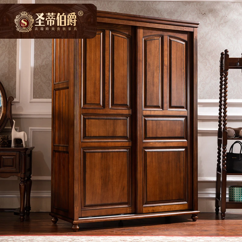 圣蒂简约美式全实木两衣柜小户型次卧衣柜推衣柜移衣橱复古客厅