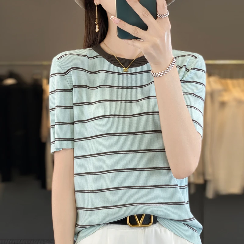 【A519】曲珠冰丝拼色条纹短袖