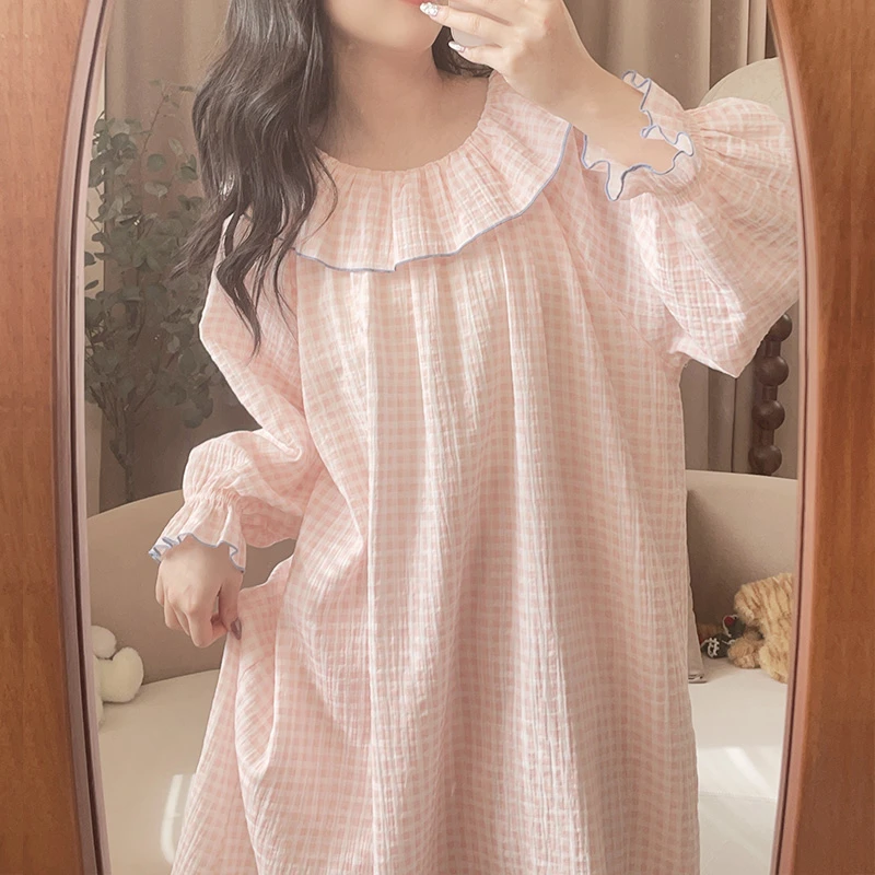【5709粉格长裙】睡裙甜美新款棉纱薄春秋外穿公主家居服睡衣长袖
