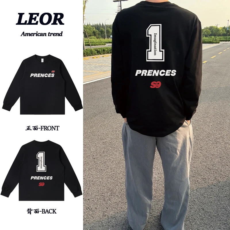 美式高街复古运动背面数字字母印花休闲百搭重磅长袖T恤 男女同款