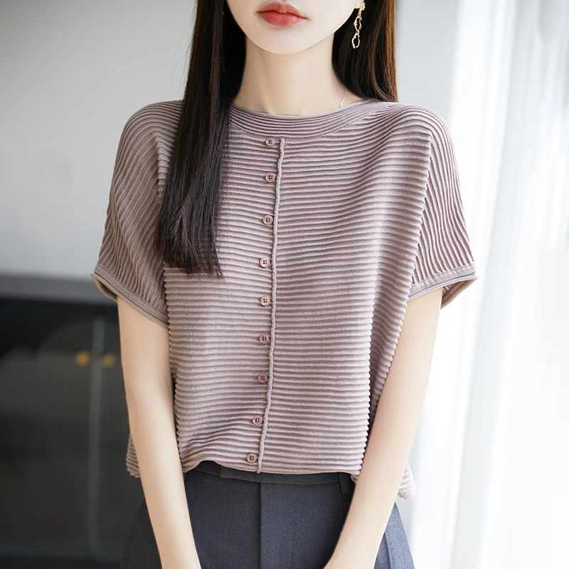 小香风坑条纽扣夏季新款圆领飞飞袖