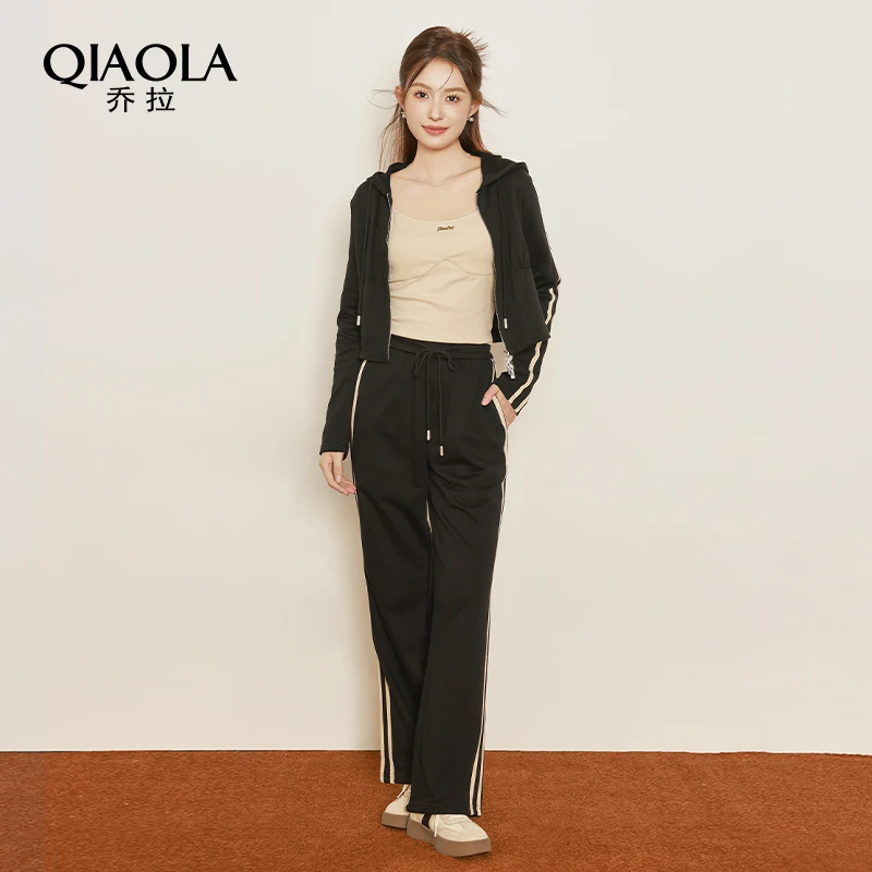 QIAOLA/乔拉【机能都市】早秋季针织条纹拼色拉链连帽时尚套装预售