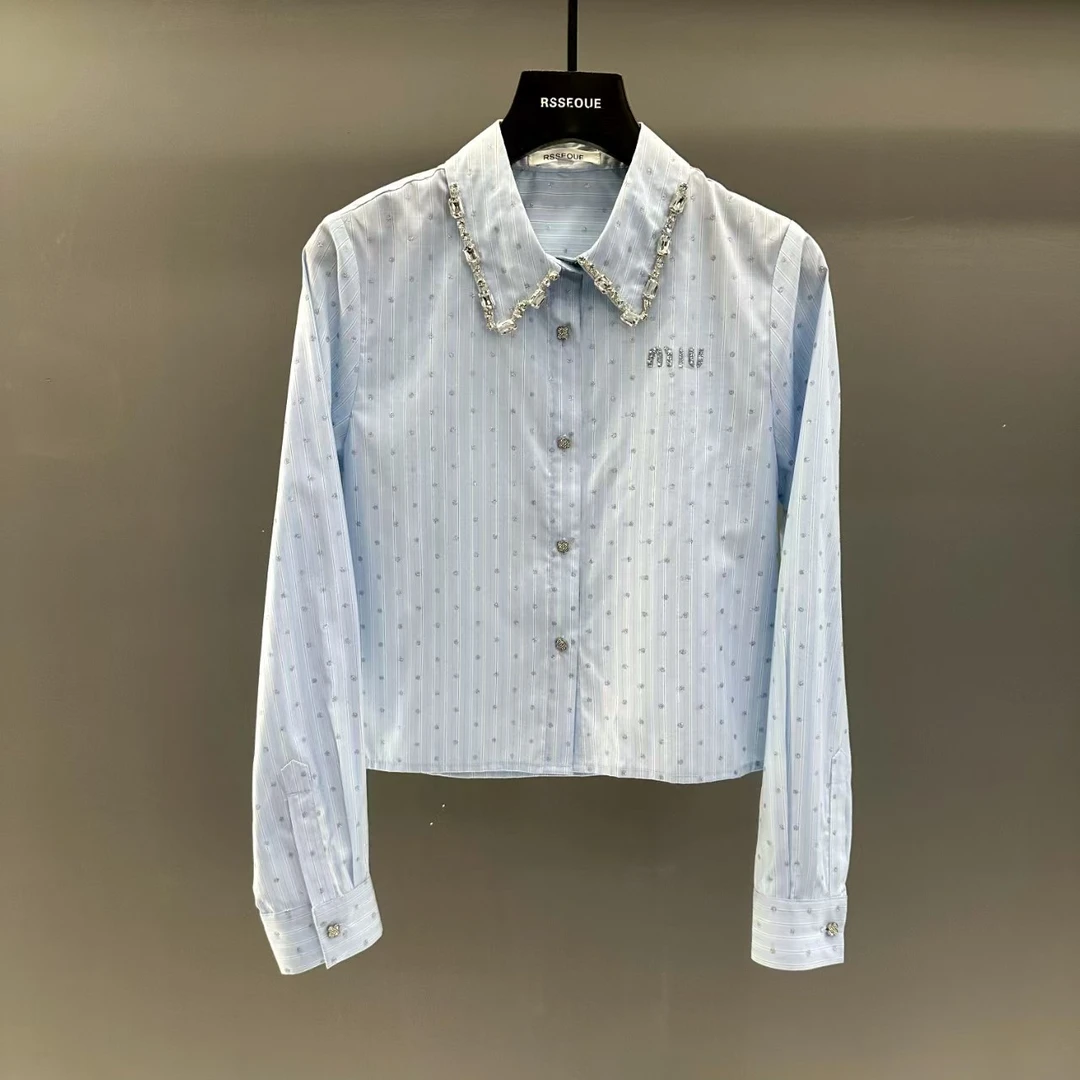 2025新款高端女装韩系风衬衫烫钻亮片翻领条纹长袖上衣