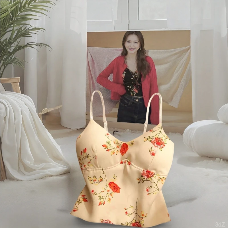 网红款碎花带胸垫女背心黑色花吊带背心内搭碎花吊带美背打底上衣