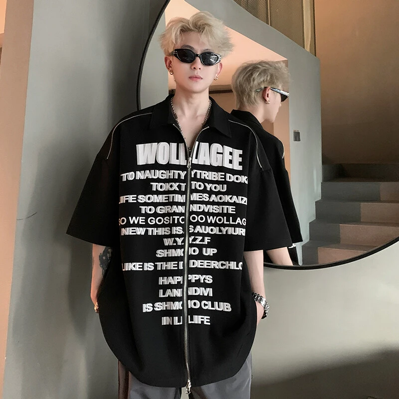 美式重磅双拉链短袖衬衫男生高级感穿搭开衫衬衣宽松痞帅五分半袖