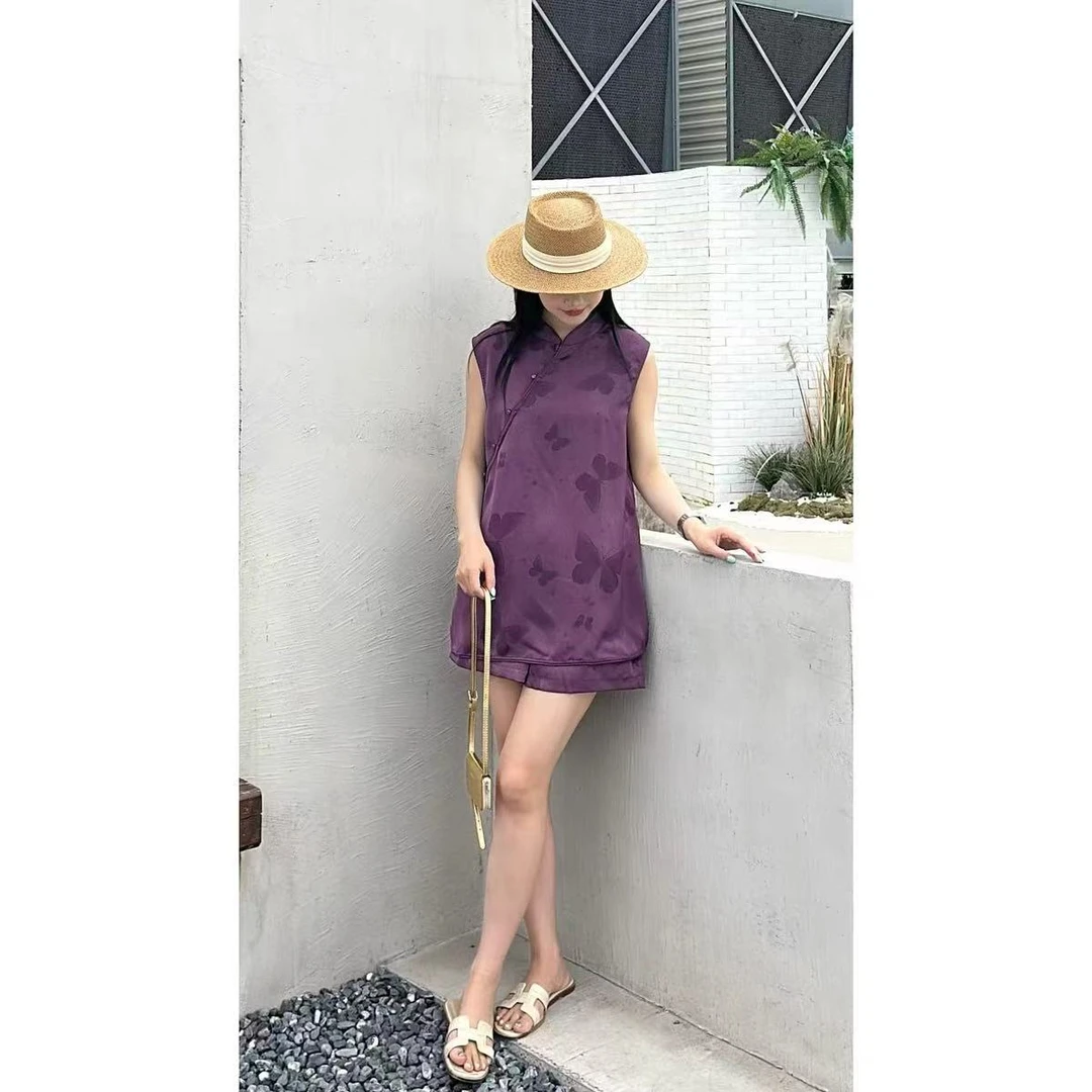 604/1628-1/155 优雅气质提花盘扣马甲+高腰休闲短裤套装