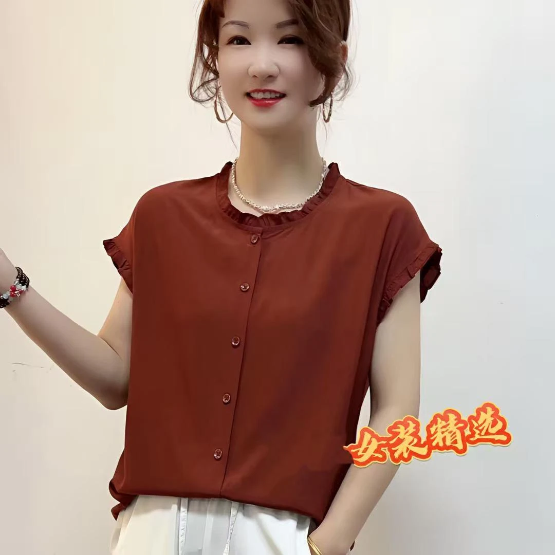 2025年女士小袖圆领花边时尚宽松小衫妈妈款舒适透气