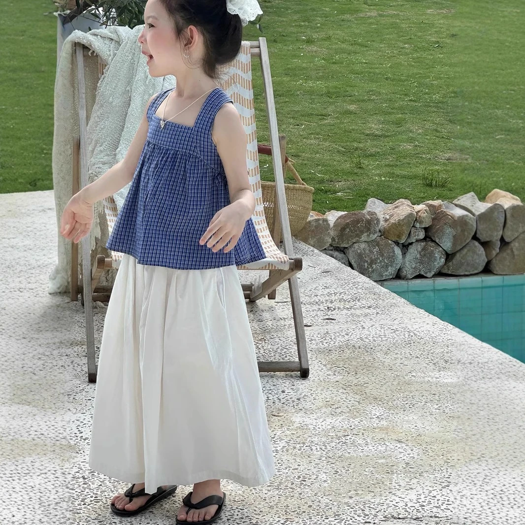 女童套装休闲儿童格子小清新无袖娃娃衫九分裤裙阔腿裤夏季夏款
