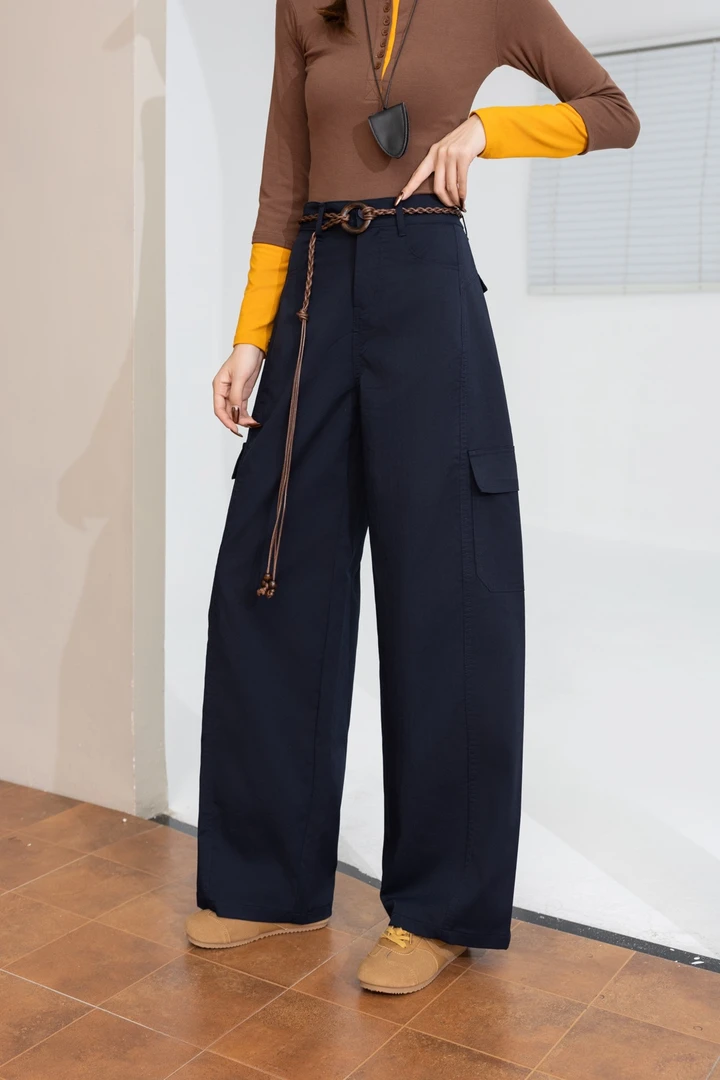 秋季工装裤显瘦腰带口袋休闲阔腿裤高腰