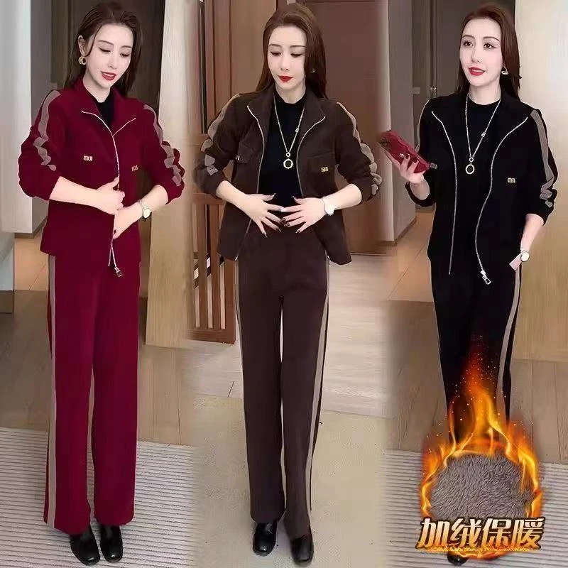 2025冬季加绒加厚套装女新款时尚洋气质减龄开衫外套直筒裤两件套