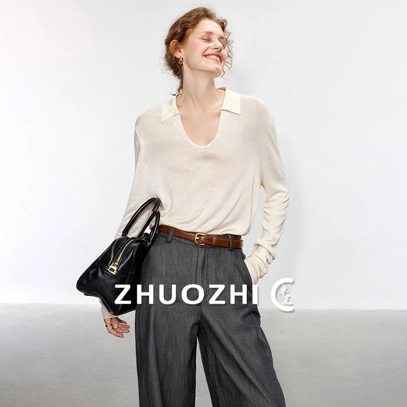 卓芝老钱风松弛感翻领薄款针织衫2025秋冬新款休闲百搭显瘦上衣