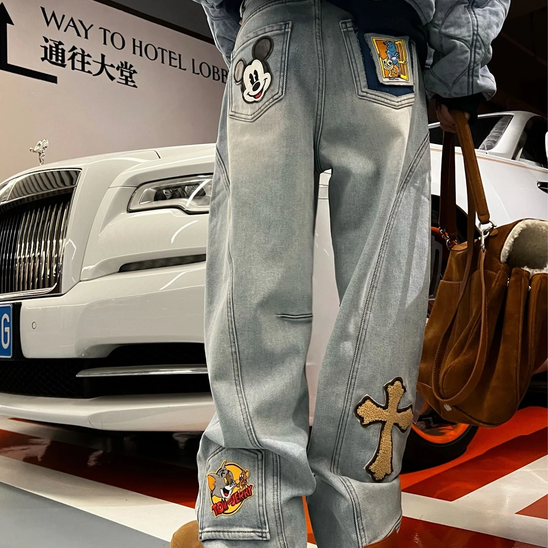【艺艺推荐】冬季复古洗水可爱图案加绒牛仔裤 S462
