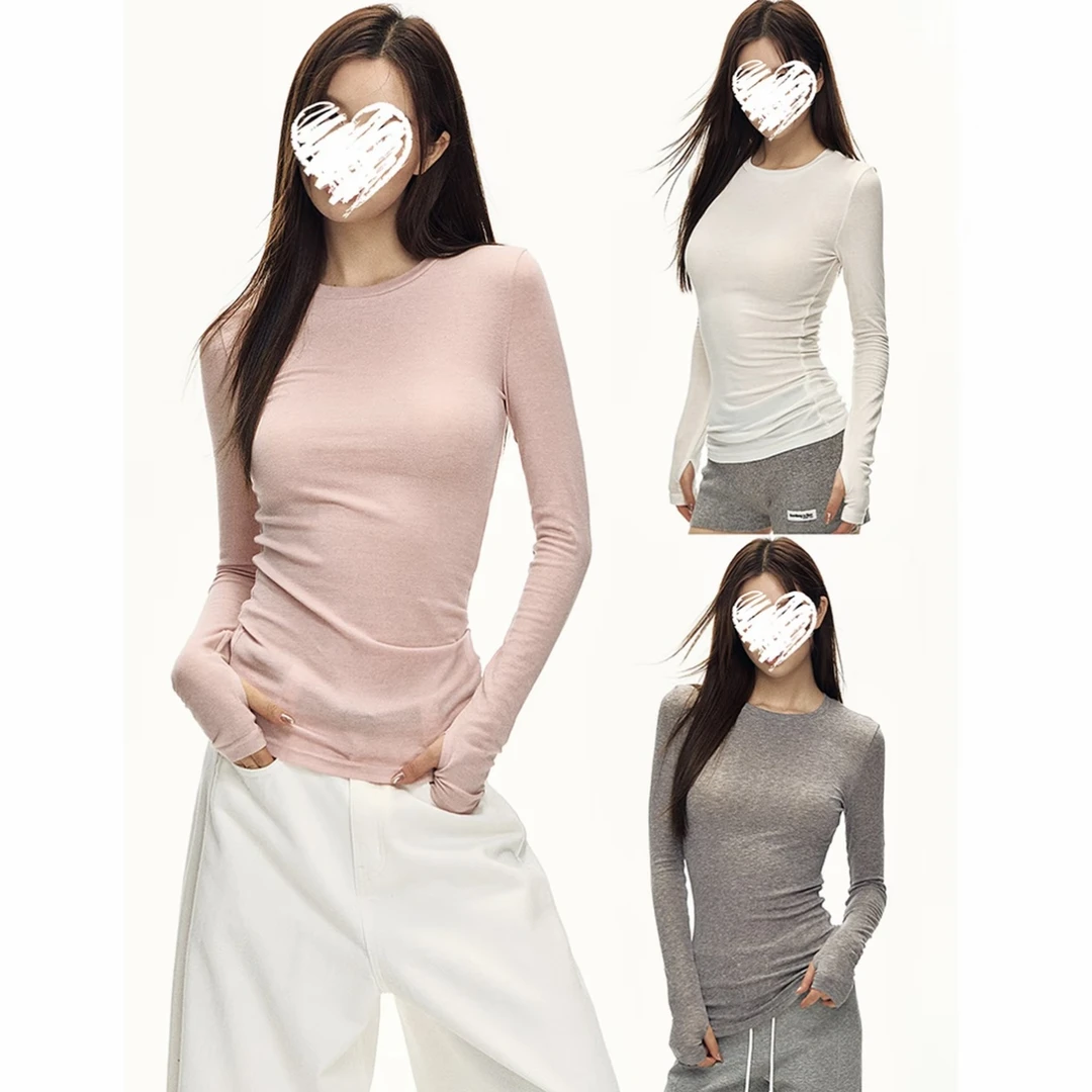 秋冬新款修身显瘦打底衫纯色长袖T恤女女装圆领打底衫上衣