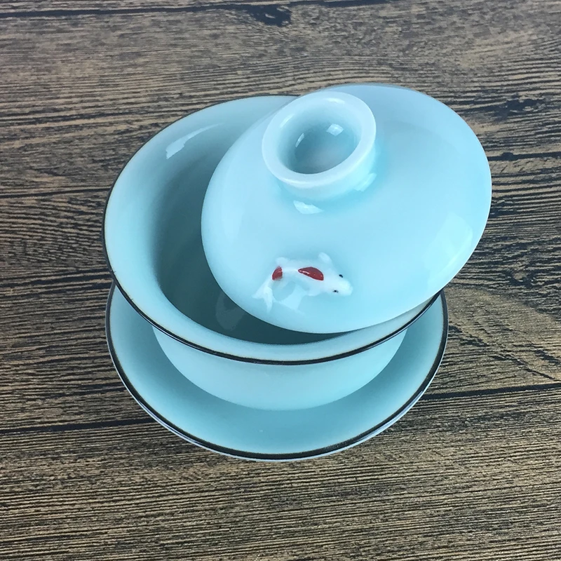 陶瓷小金鱼盖碗鲤鱼大茶碗功夫茶具敬茶杯子三才碗冲茶器手抓合碗