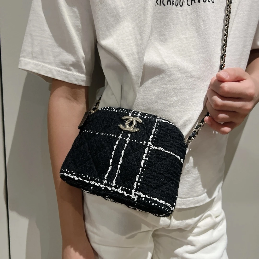 99新 Chanel/香奈儿 0887 黑白格纹毛呢贝壳包mini斜挎包芯片款