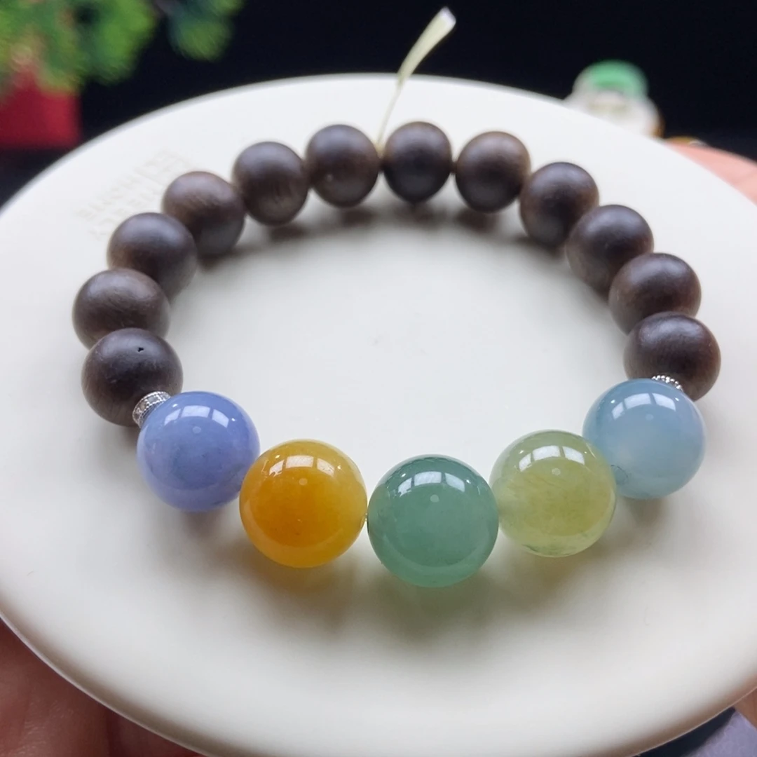 沉香木手串翡翠浓色五彩木带宝手串